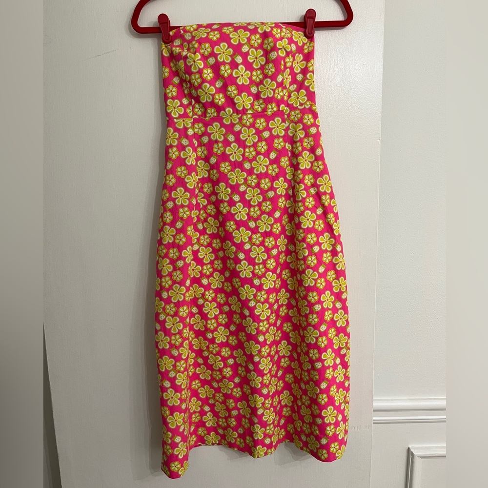 Lilly Pulitzer Strapless Lip Pink Dunebuggy Floral with Ladybugs Midi Dress